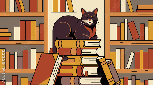 Black Cat Sitting on Stack of Books in Library.