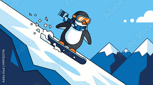Penguin snowboarding down a snowy mountain slope with goggles and scarf.