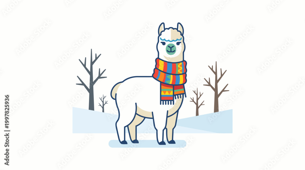 Fototapeta premium Cute cartoon alpaca wearing a colorful scarf in a snowy winter landscape.