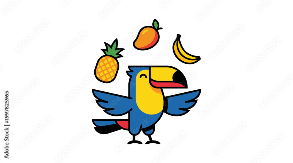 Fototapeta premium Cute cartoon toucan bird with tropical fruits like pineapple mango and banana.