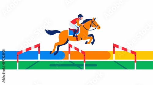 Jockey riding a horse jumping over hurdles during a race.