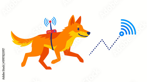 Cartoon fox wearing a GPS tracker with a wireless signal connecting to a network.