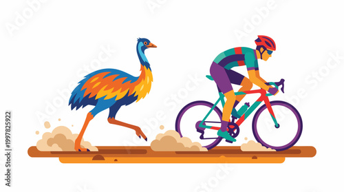 Emu and Cyclist Race on Dusty Track.
