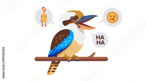 Kookaburra bird laughing on a branch with speech bubbles indicating humor and a grumpy chicken.