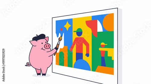 Cartoon pig artist wearing beret painting colorful abstract art on canvas.