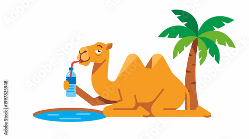 Camel drinking water from a bottle next to a palm tree and oasis.