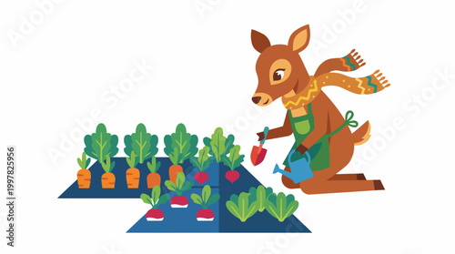 Cute deer wearing scarf and apron gardening in vegetable patch.