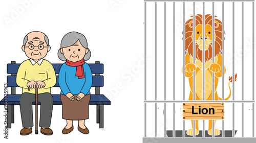 Elderly couple sitting on bench and lion in cage illustration set, people and wildlife concept vector collection design