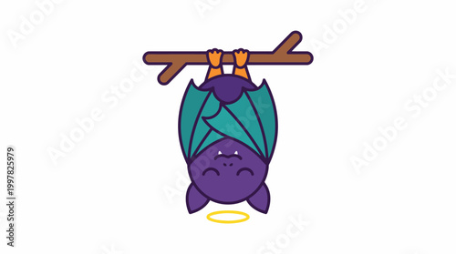 Cute Purple Bat Hanging Upside Down with Halo Illustration.