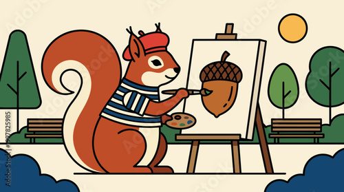 Cute cartoon squirrel artist painting an acorn on a canvas in a park setting.
