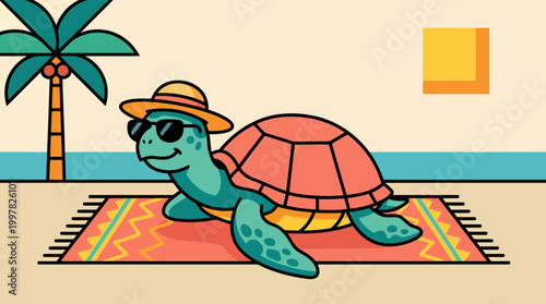 Cartoon Turtle Relaxing on Beach Towel Under Palm Tree.
