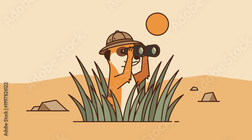 Cartoon meerkat wearing a safari hat and binoculars looking out from tall grass in a desert landscape under the sun.