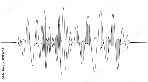 Hand drawn audio sound wave illustration isolated on white background with frequency waveform sketch