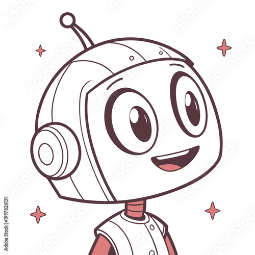 cute retro robot mascot with big eyes and antenna waving hello flat design vector illustration