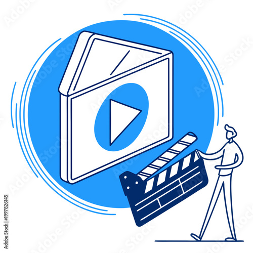 film producer holding clapperboard and video play button vector illustration