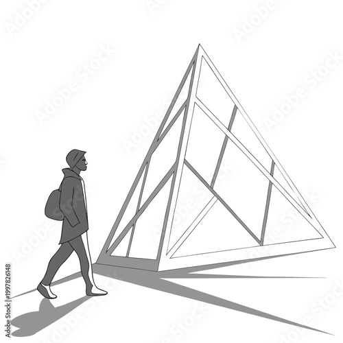 person walking towards pyramid structure vector illustration