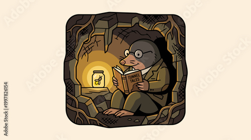 Whimsical mole character reading a book in a cozy underground cave setting with a glowing jar.