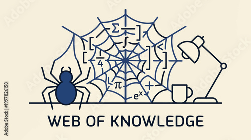 Spider web of knowledge with mathematical symbols and a desk lamp.