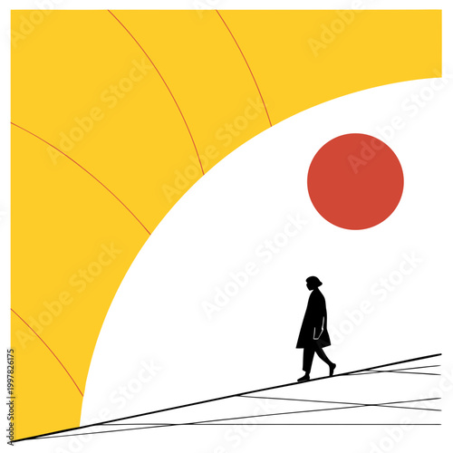 silhouette of person walking under large yellow moon in minimalist flat design vector illustration
