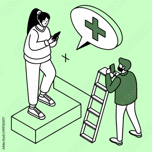 woman on platform and man on ladder with medical cross symbol vector illustration