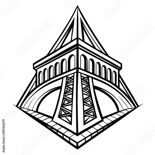 Pyramid building with arches and triangular roof vector illustration