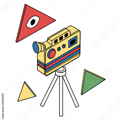 colorful retro camera with film and photo flags flat design vector illustration
