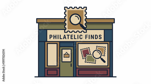 Philatelic Finds Stamp Shop Facade with Magnifying Glass Illustration.