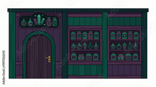Mysterious Apothecary Shop Facade with Arched Door and Shelves of Potions.