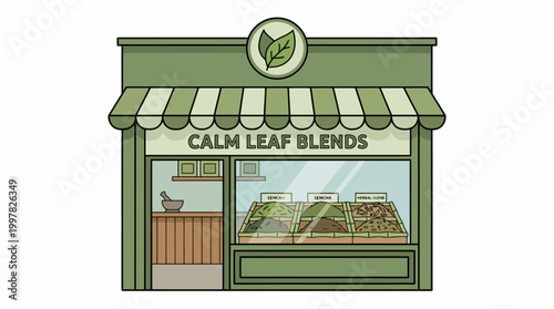 Calm Leaf Blends Storefront with Green Awning and Display Window.