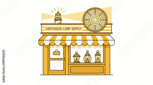 Illustration of a charming lighthouse lamp supply store with a vintage awning and display window.