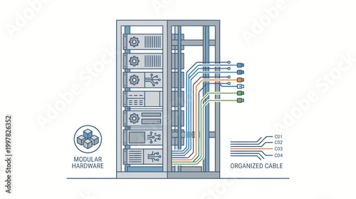 Diagram of a modular server rack with organized cable management and network connections.