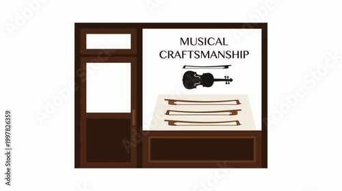 Musical Craftsmanship Display Window with Violin and Sheet Music.