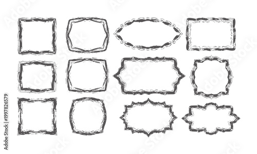 Collection of twelve distressed dark grey brush stroke decorative frames border grunge