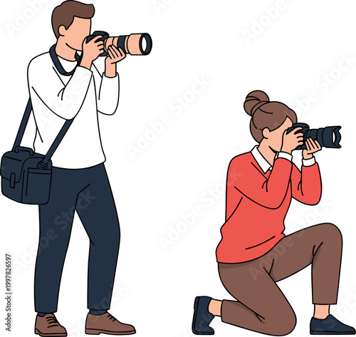 Vector Illustration of Two Photographers Capturing Images with Cameras in Different Poses