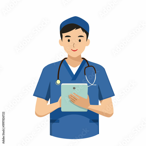 タブレットで記録する介護士のシンプルイラスト