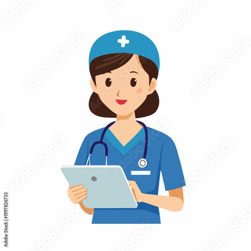 タブレットで記録する介護士のシンプルイラスト