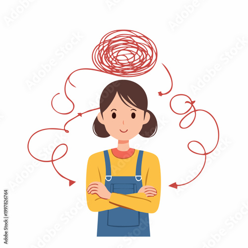 混乱してパニックになる女性保育士のシンプルイラスト