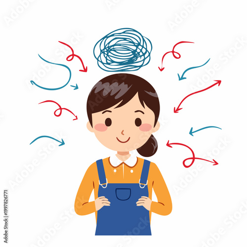 混乱してパニックになる女性保育士のシンプルイラスト