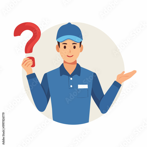 疑問を抱く配達員のシンプルイラスト