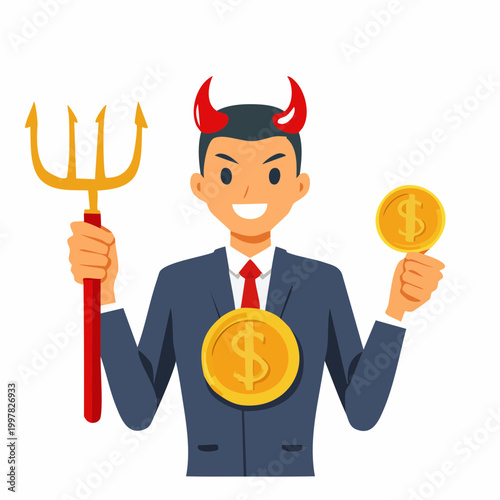お金のシンボルを持つ悪魔のイラスト