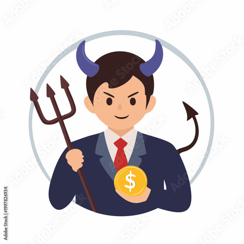お金のシンボルを持つ悪魔のイラスト