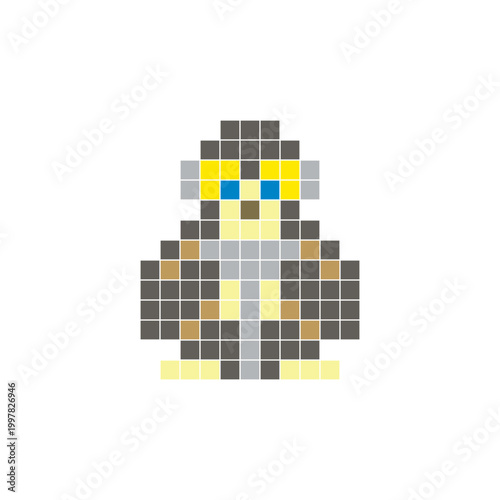 A flat pixel design made of geometric square color blocks on a clean icon layout. Pixel art gibbon
