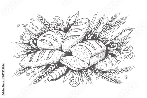 Hand drawn assortment of baked bread loaves and wheat stalks loaf