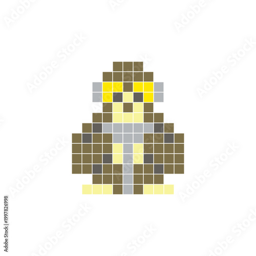 A flat pixel design made of geometric square color blocks on a clean icon layout. Pixel art gibbon