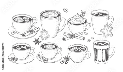 Hand drawn coffee cups with cinnamon sticks star anise and cookies drink beverage