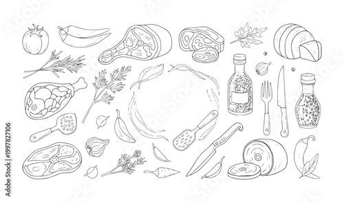 Hand drawn of raw meat vegetables herbs and spices for cooking steak chicken tomato