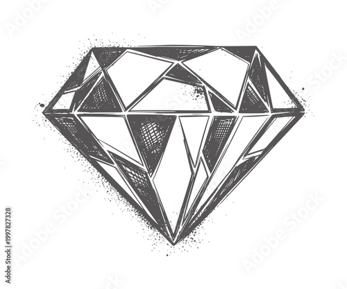 Sketchy diamond with spray paint texture and geometric facets jewel graphite grey
