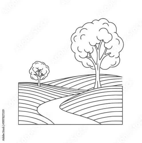 Stylized line of rolling fields with two trees and a winding path