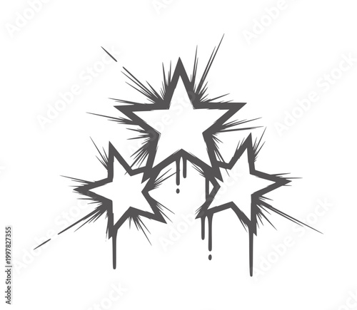 Three dark grey exploding stars with dripping effect explode burst splash