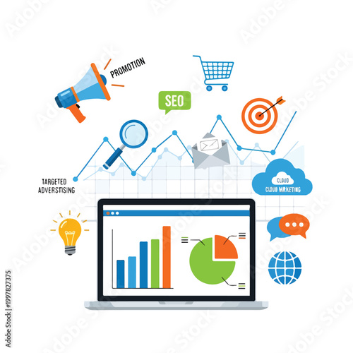 Tableau sur toile A laptop displays charts and graphs surrounded by marketing icons